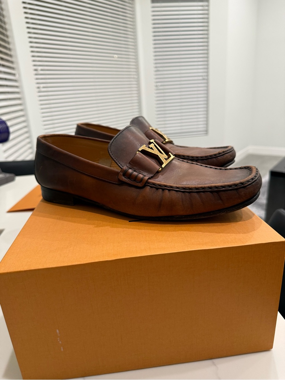 Louis Vuitton Montaigne Brown Leather LV Logo Loafers Authentic Box & Receipt